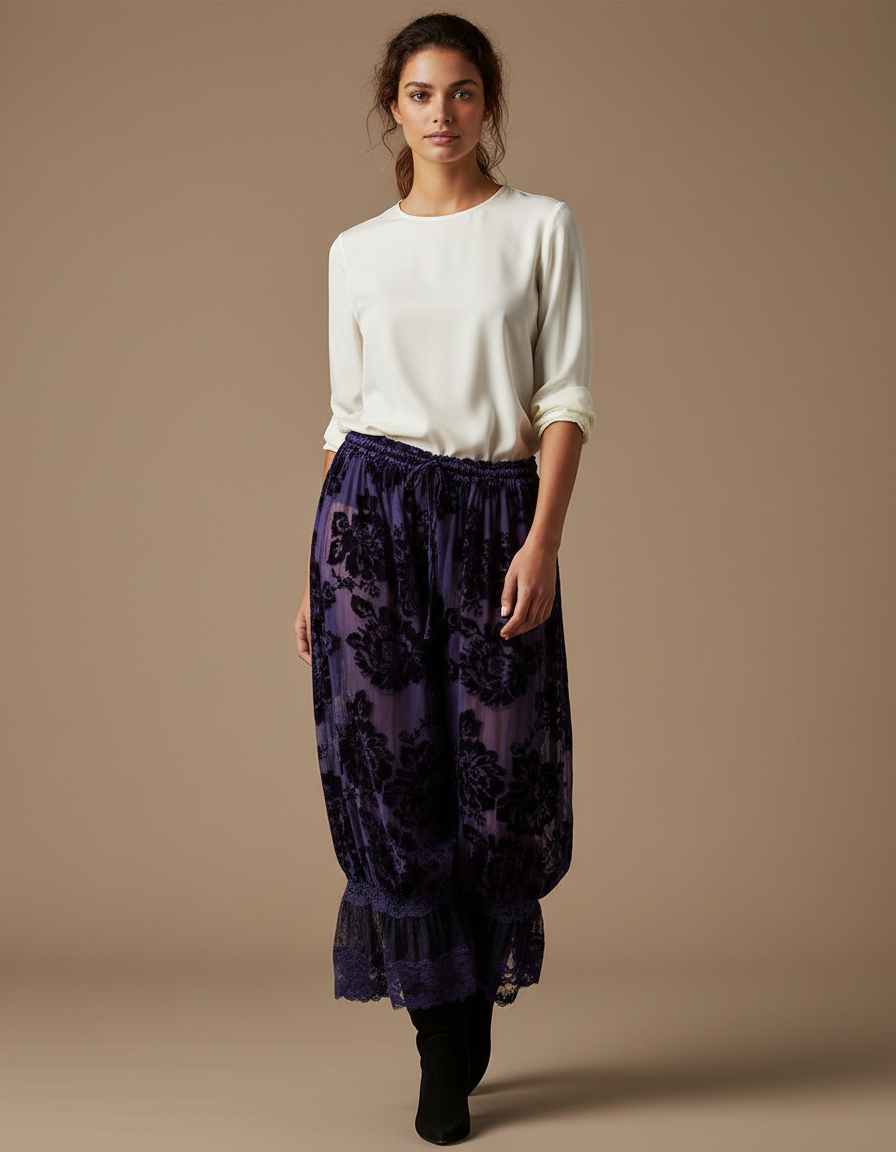 Pantalon Velours Violet Transparent Floral Évasé Dentelle