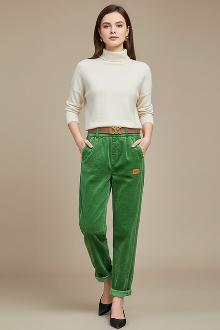 Pantalon Velours Femme Vert Baggy - Cordé