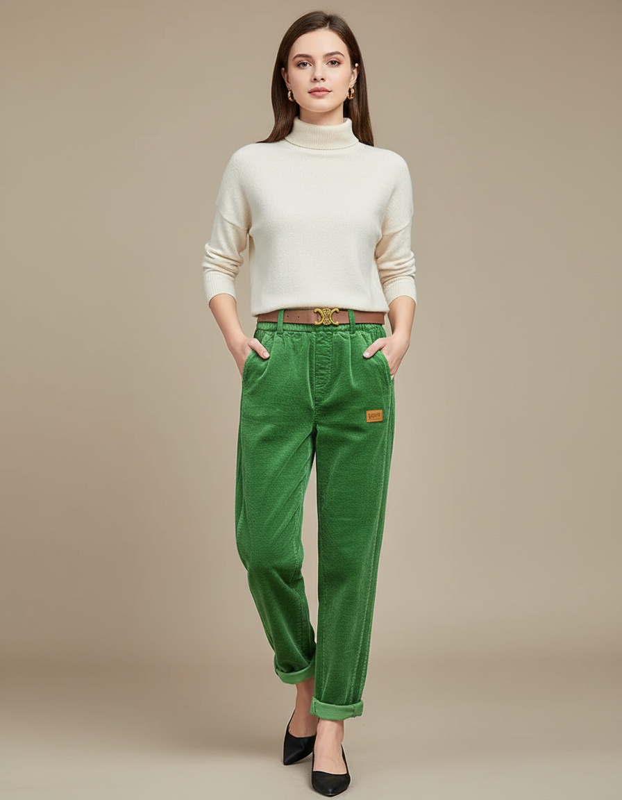 Pantalon Velours Femme Vert Baggy - Cordé