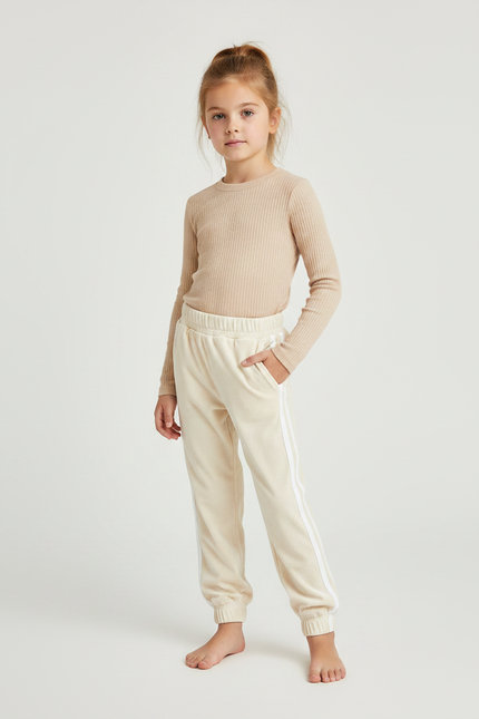 Pantalon Velours Crème Jogger Rayures Latérales Enfant - Beige