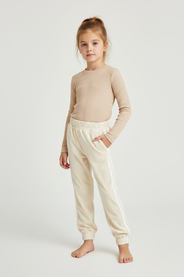 Pantalon Velours Crème Jogger Rayures Latérales Enfant - Beige