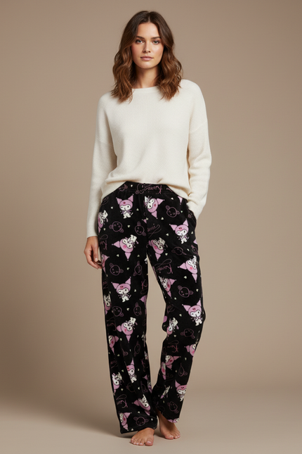 Pantalon Velours Noir Imprimé Kawaii Ample Doux Femme