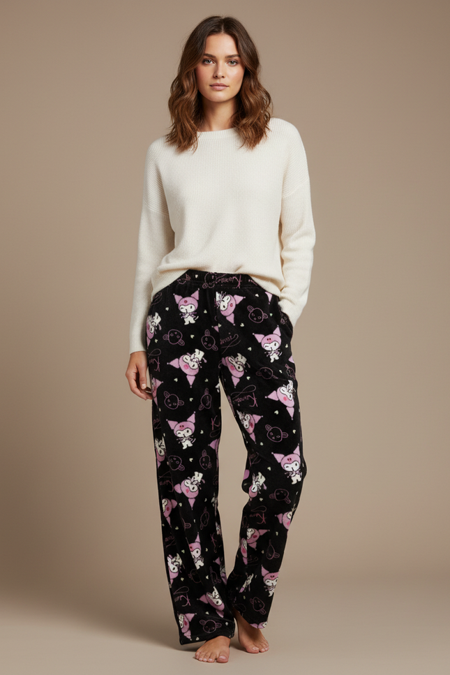 Pantalon Velours Noir Imprimé Kawaii Ample Doux Femme