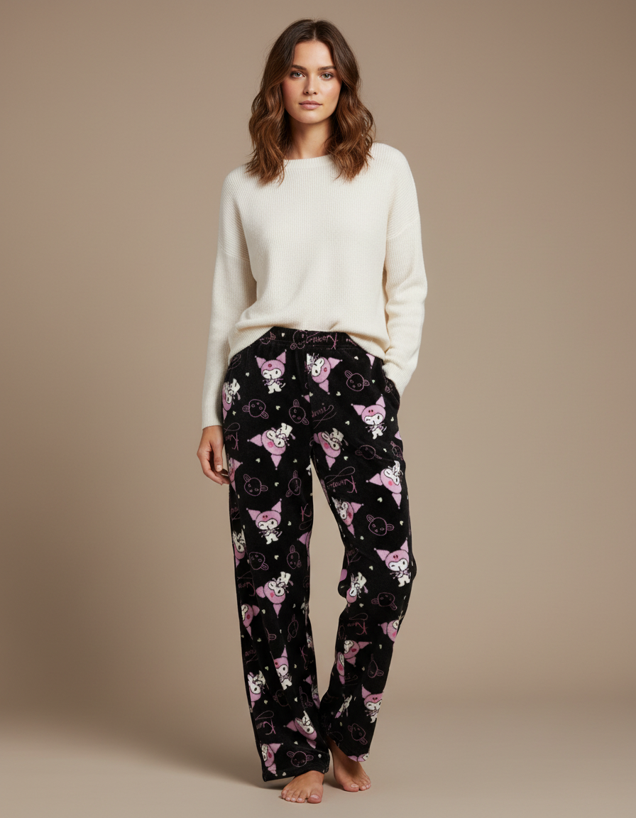 Pantalon Velours Noir Imprimé Kawaii Ample Doux Femme