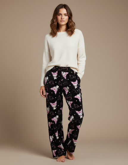 Pantalon Velours Noir Imprimé Kawaii Ample Doux Femme