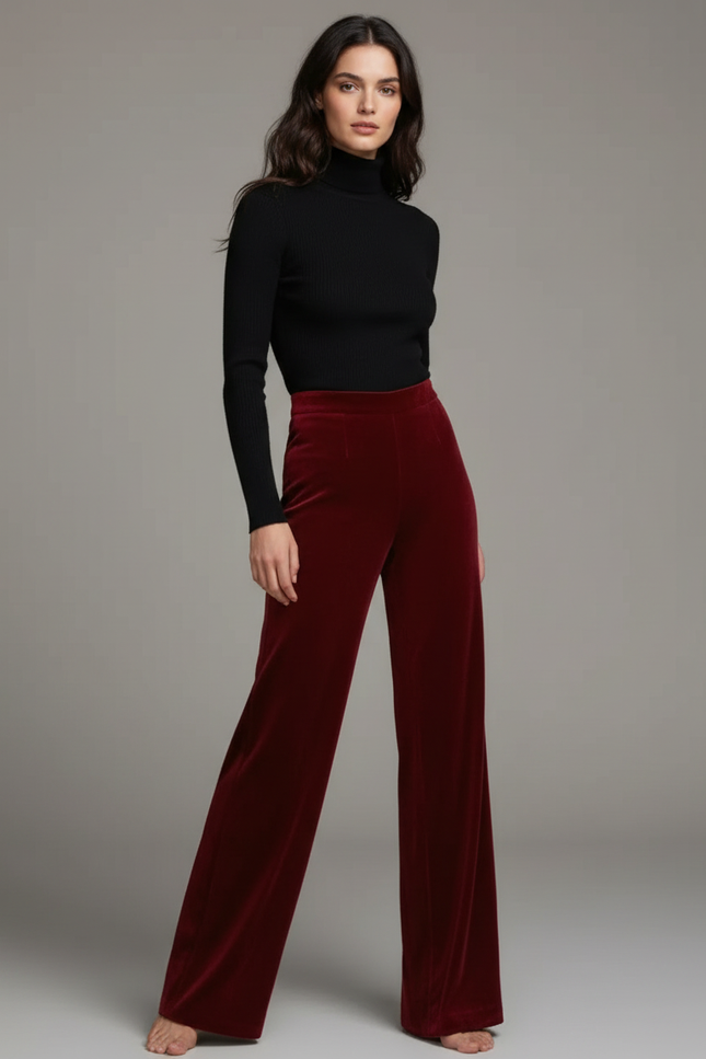 Pantalon Velours Bordeaux Ample Fluide Femme Élégant
