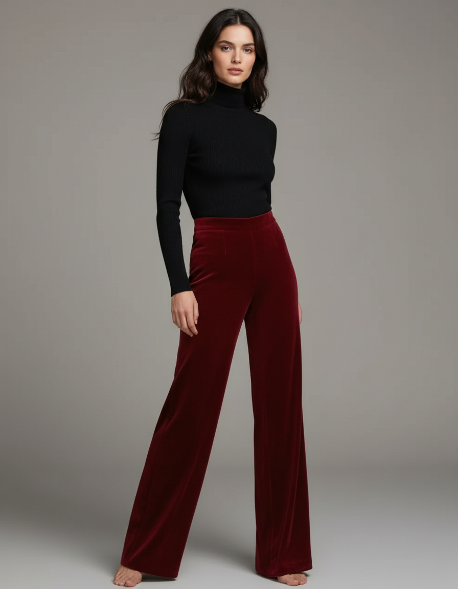 Pantalon Velours Bordeaux Ample Fluide Femme Élégant