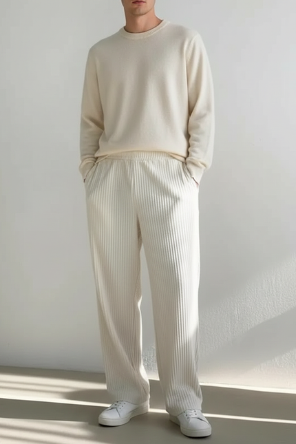 Pantalon Velours Crème Plissé Ample Décontracté Homme - Beige