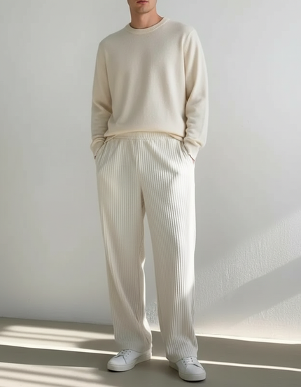Pantalon Velours Crème Plissé Ample Décontracté Homme - Beige