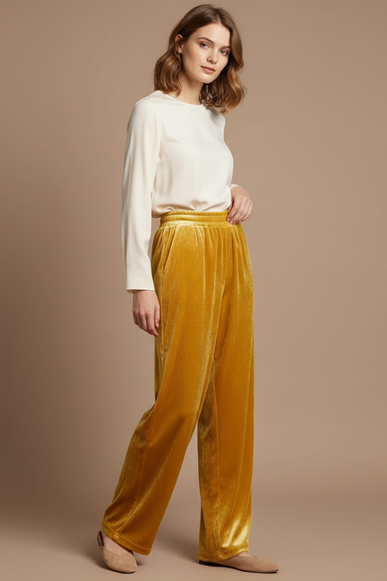 Pantalon Velours Jaune Ample Fluide Taille Haute - Doré