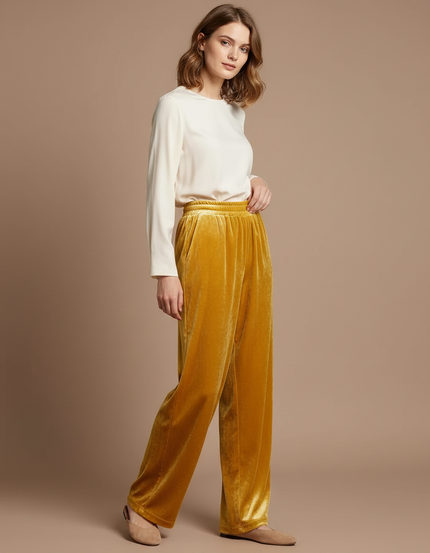 Pantalon Velours Jaune Ample Fluide Taille Haute - Doré