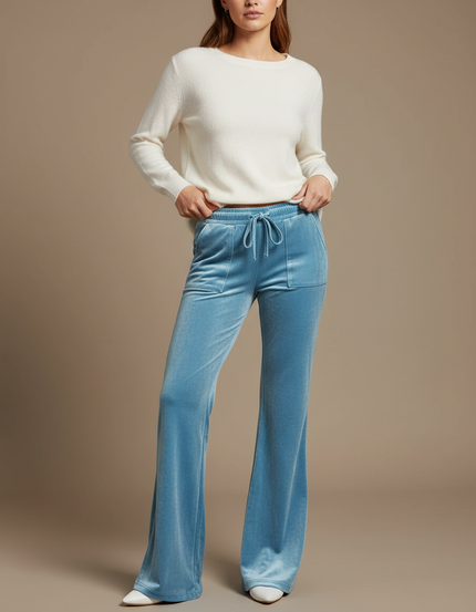 Pantalon Velours Bleu Ciel Fluide Élégant Cordon