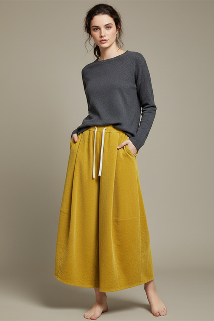 Pantalon Velours Côtelé Ample Jaune Moutarde Femme Confortable