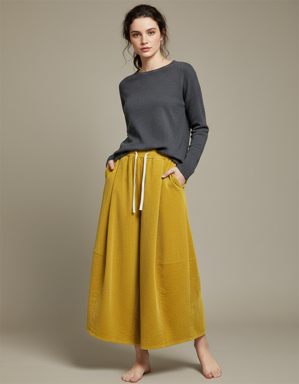 Pantalon Velours Côtelé Ample Jaune Moutarde Femme Confortable
