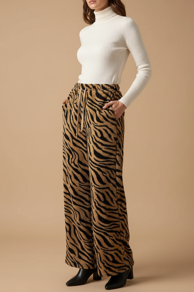 Pantalon Velours Imprimé Zèbre Ample Taille Haute Femme