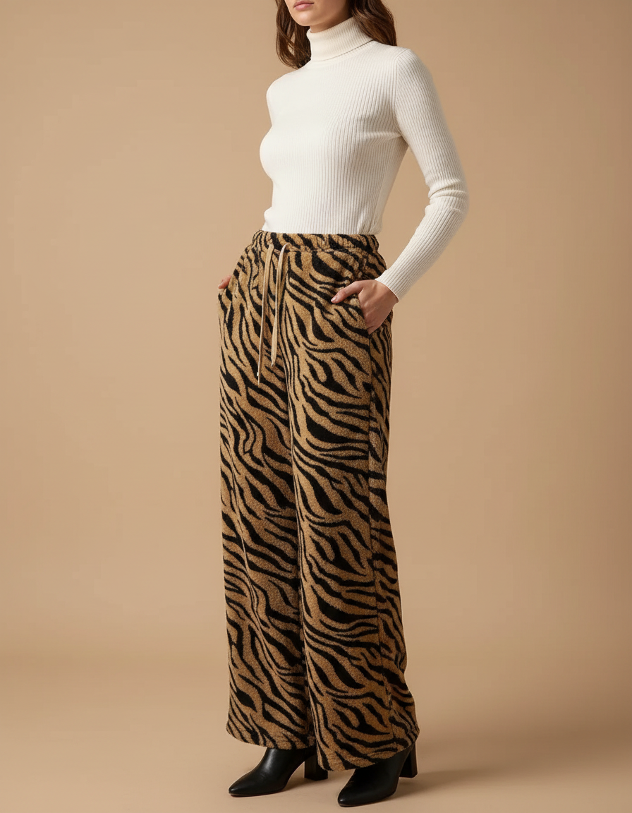 Pantalon Velours Imprimé Zèbre Ample Taille Haute Femme