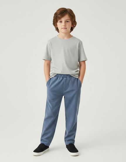 Pantalon Velours Bleu Côtelé Ample Décontracté Garçon - Cordé