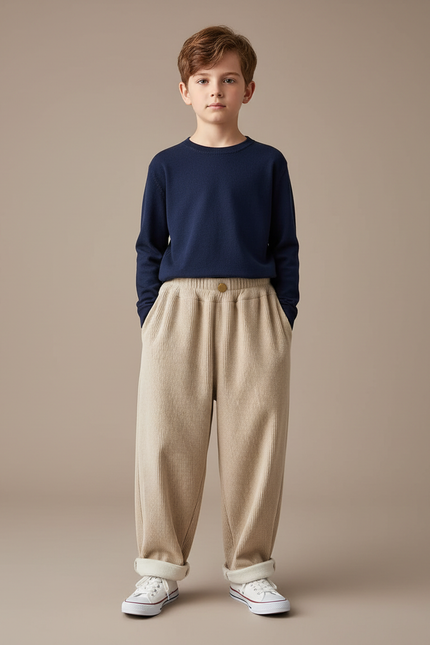 Pantalon Velours Côtelé Beige Ample Décontracté Enfant - Cordé