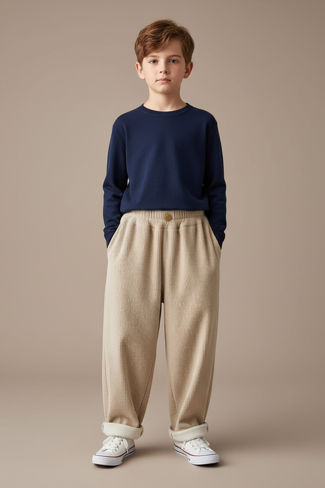 Pantalon Velours Côtelé Beige Ample Décontracté Enfant - Cordé