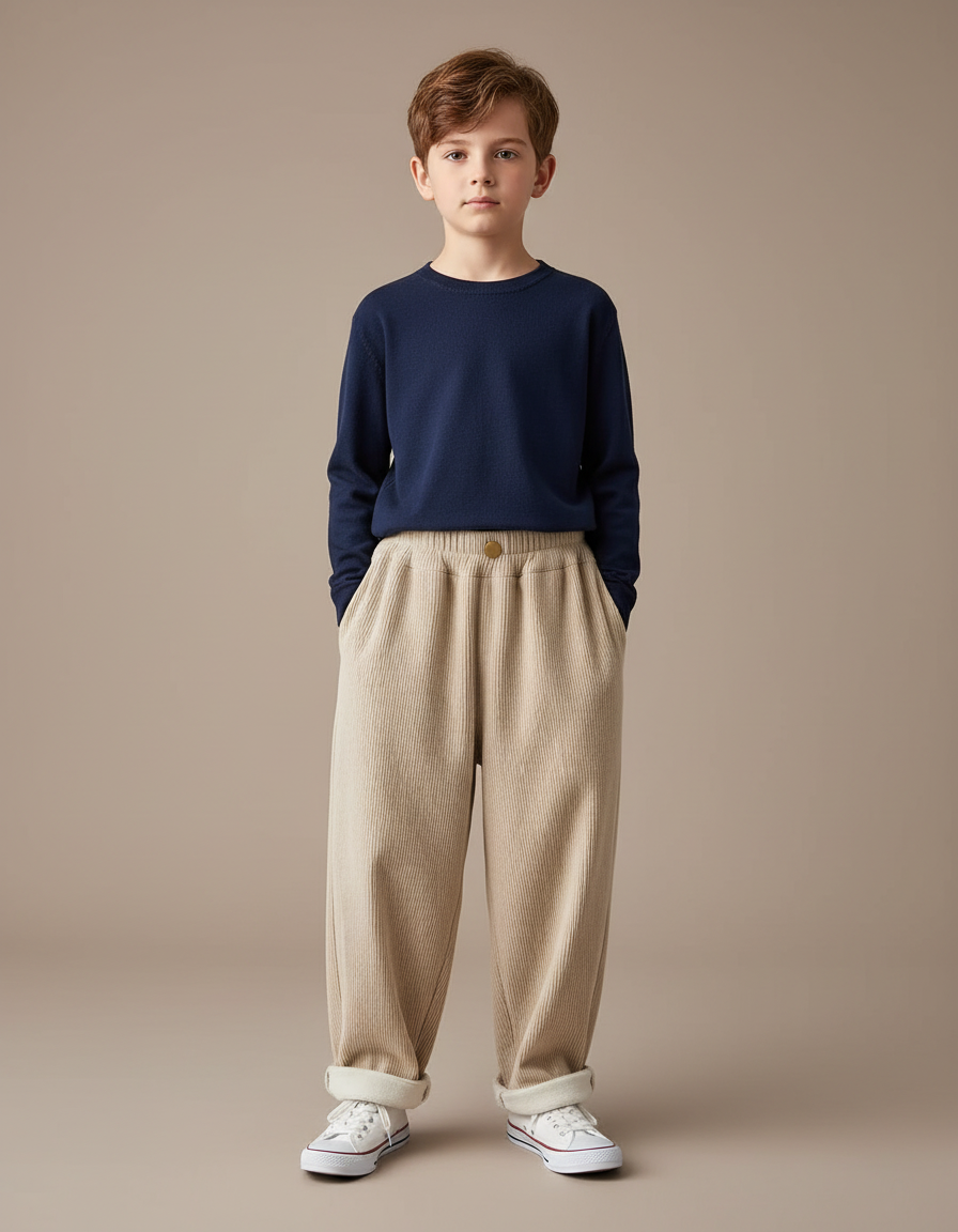 Pantalon Velours Côtelé Beige Ample Décontracté Enfant - Cordé