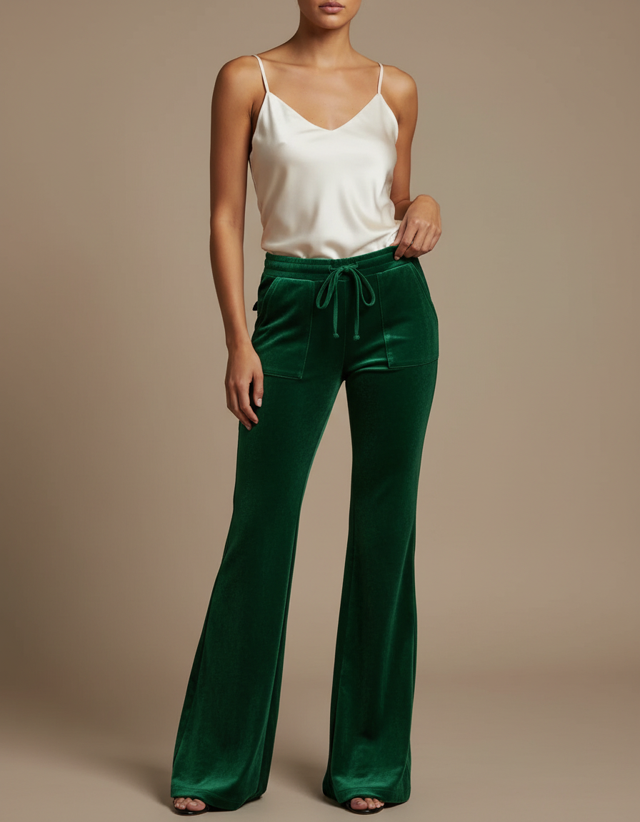 Pantalon Velours Vert Émeraude Fluide Décontracté Femme