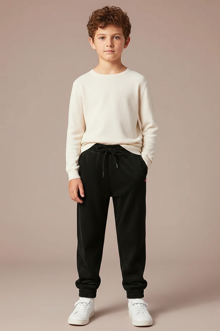 Pantalon Velours Noir Côtelé Jogger Garçon - Cordé