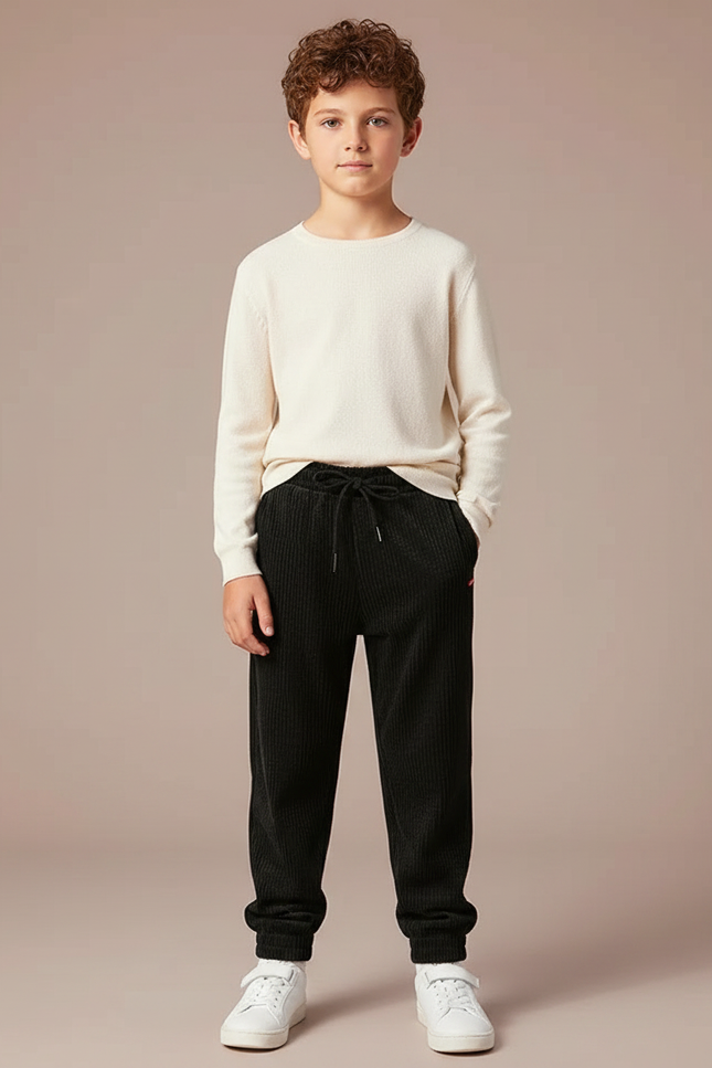 Pantalon Velours Noir Côtelé Jogger Garçon - Cordé