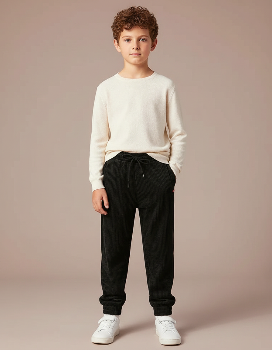 Pantalon Velours Noir Côtelé Jogger Garçon - Cordé
