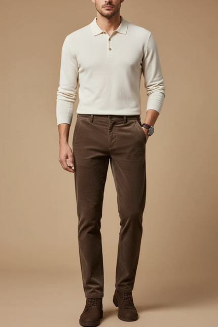 Pantalon Velours Côtelé Marron Homme Droit Élégant - Cordé