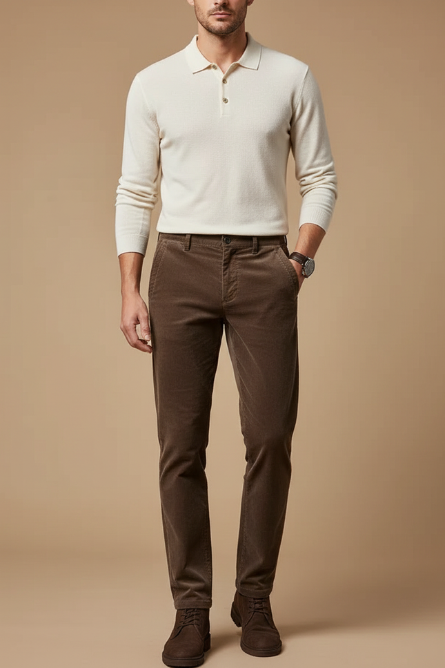 Pantalon Velours Côtelé Marron Homme Droit Élégant - Cordé