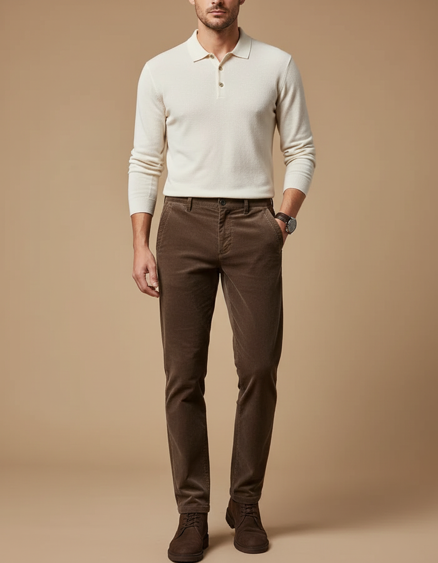 Pantalon Velours Côtelé Marron Homme Droit Élégant - Cordé