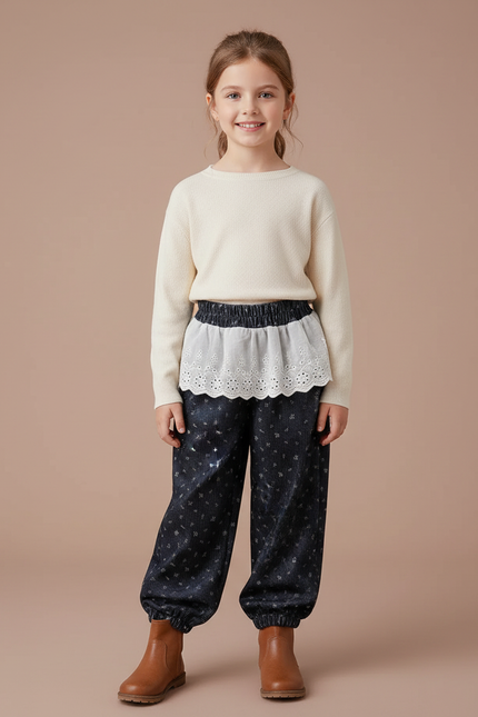 Pantalon Velours Noir Ample Imprimé Floral Fille Hiver