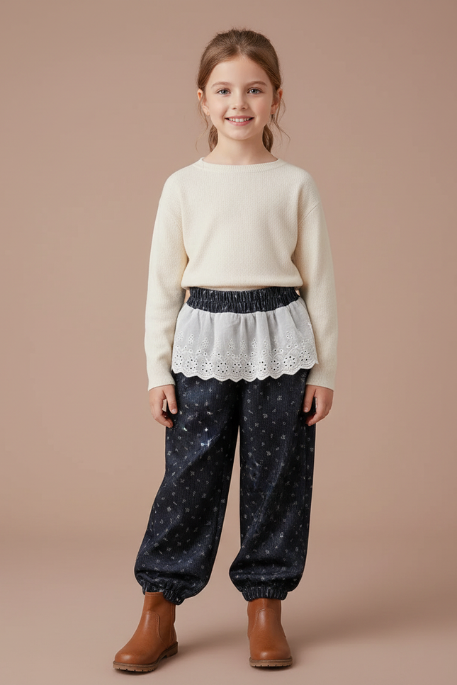 Pantalon Velours Noir Ample Imprimé Floral Fille Hiver