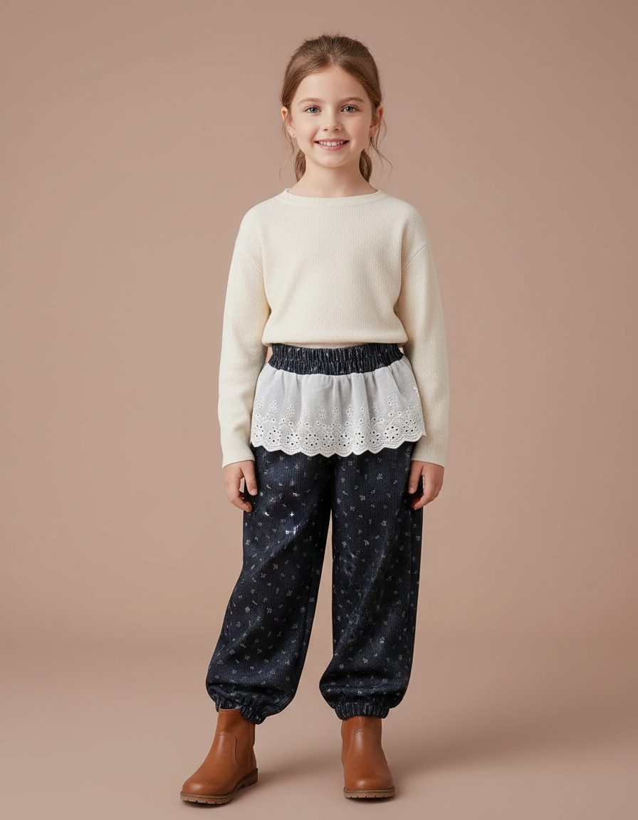 Pantalon Velours Noir Ample Imprimé Floral Fille Hiver