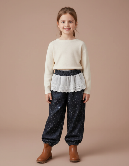 Pantalon Velours Noir Ample Imprimé Floral Fille Hiver