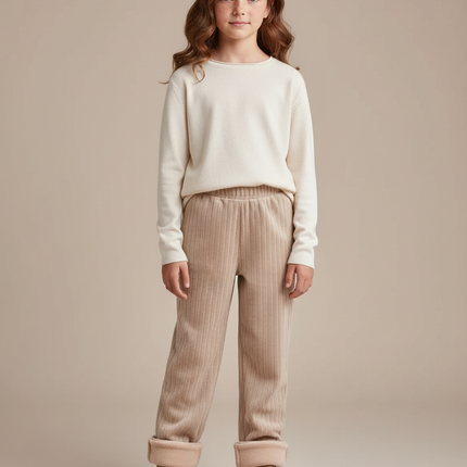 Pantalon Velours Côtelé Beige Doublé Polaire Enfant - Cordé