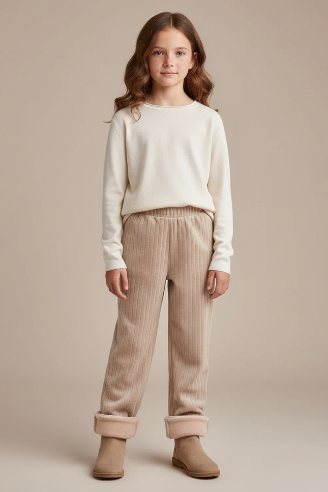 Pantalon Velours Côtelé Beige Doublé Polaire Enfant - Cordé