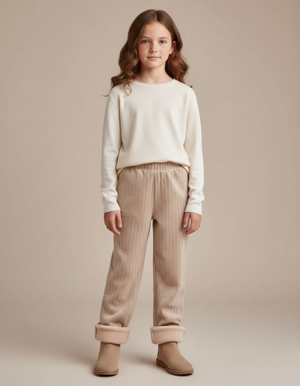 Pantalon Velours Côtelé Beige Doublé Polaire Enfant - Cordé