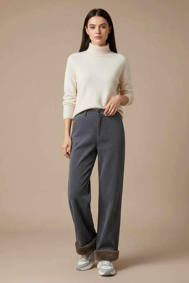Pantalon Velours Gris Côtelé Ample Doublé Polaire Femme - Cordé