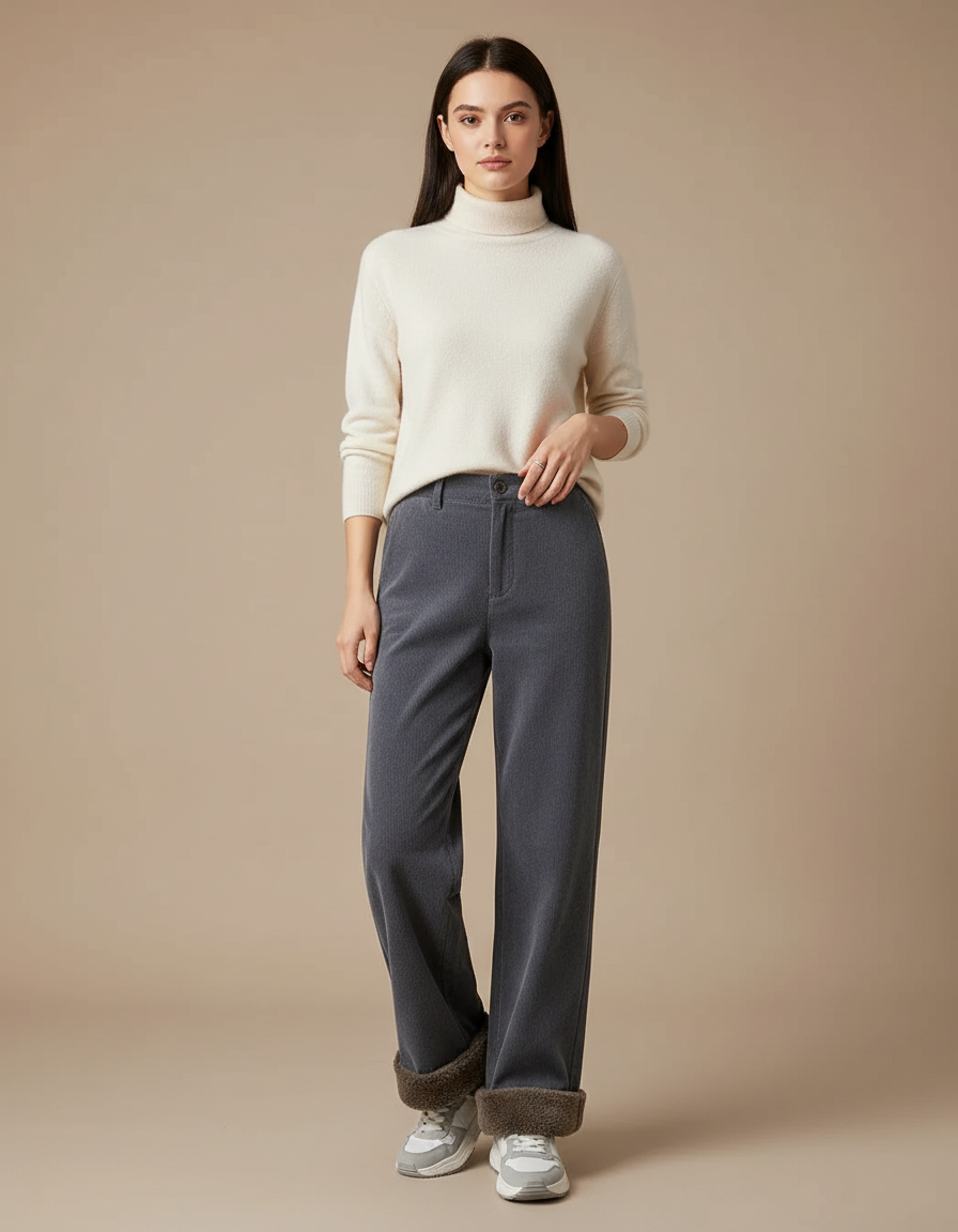Pantalon Velours Gris Côtelé Ample Doublé Polaire Femme - Cordé