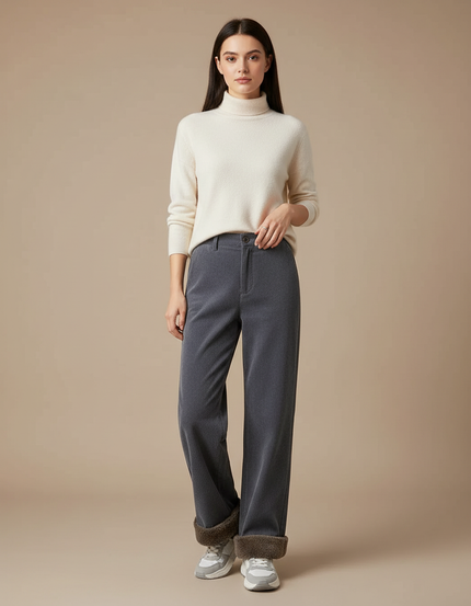 Pantalon Velours Gris Côtelé Ample Doublé Polaire Femme - Cordé