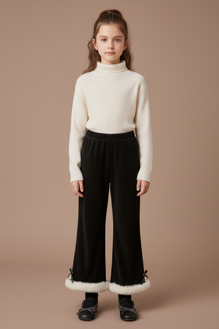Pantalon Velours Noir Côtelé Évasé Fourrure Fille Hiver - Cordé