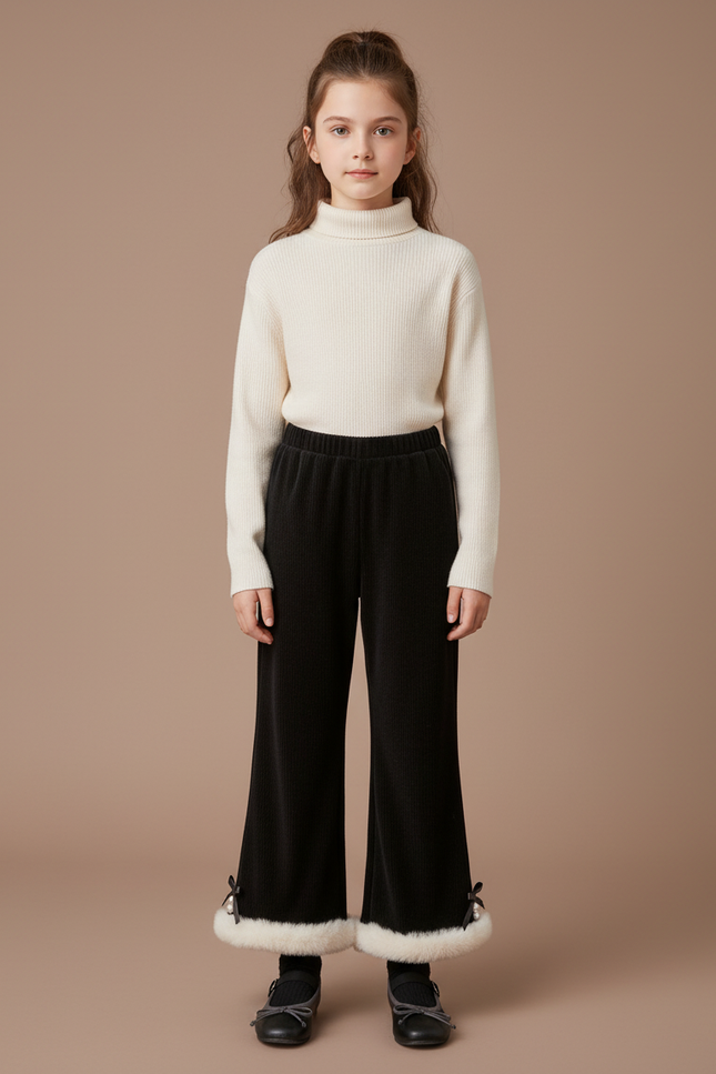 Pantalon Velours Noir Côtelé Évasé Fourrure Fille Hiver - Cordé