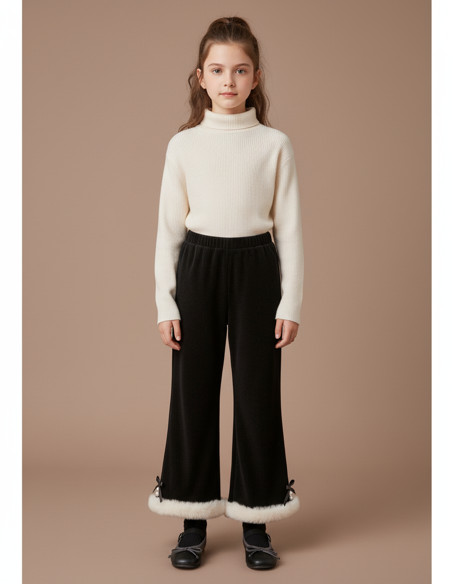 Pantalon Velours Noir Côtelé Évasé Fourrure Fille Hiver - Cordé