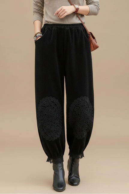 Pantalon Velours Noir Côtelé Brodé Ample Femme - Cordé
