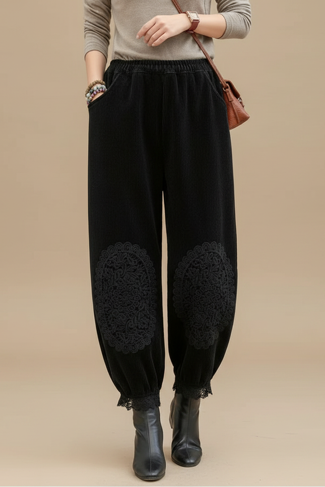 Pantalon Velours Noir Côtelé Brodé Ample Femme - Cordé