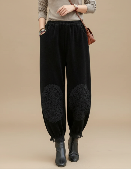 Pantalon Velours Noir Côtelé Brodé Ample Femme - Cordé