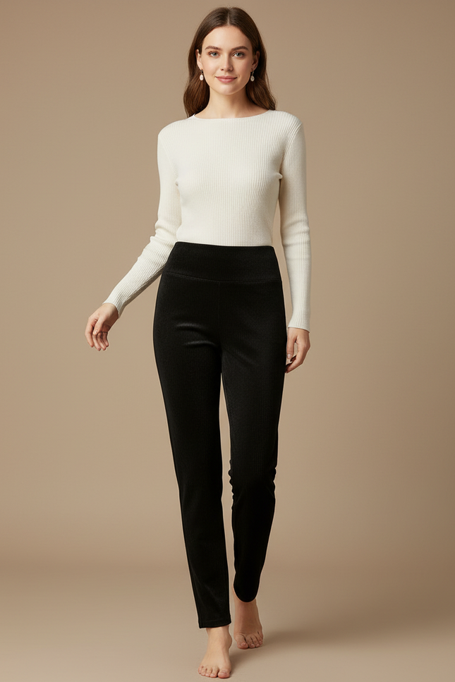 Pantalon Velours Noir Côtelé Slim Taille Haute - Cordé