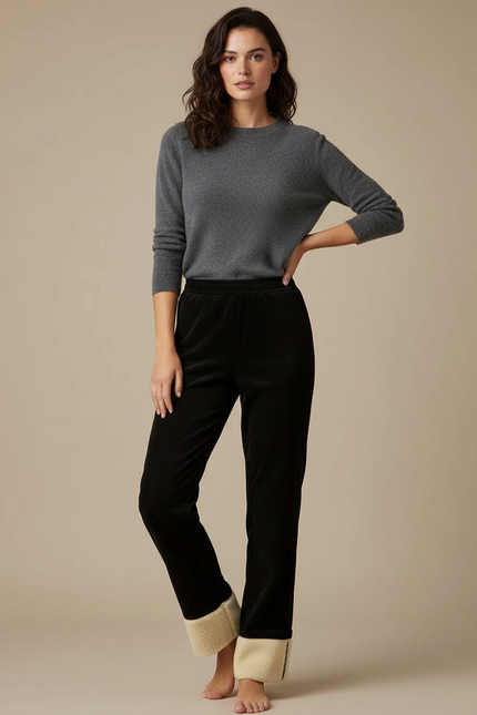 Pantalon Velours Noir Côtelé Doublé Moelleux Femme - Cordé