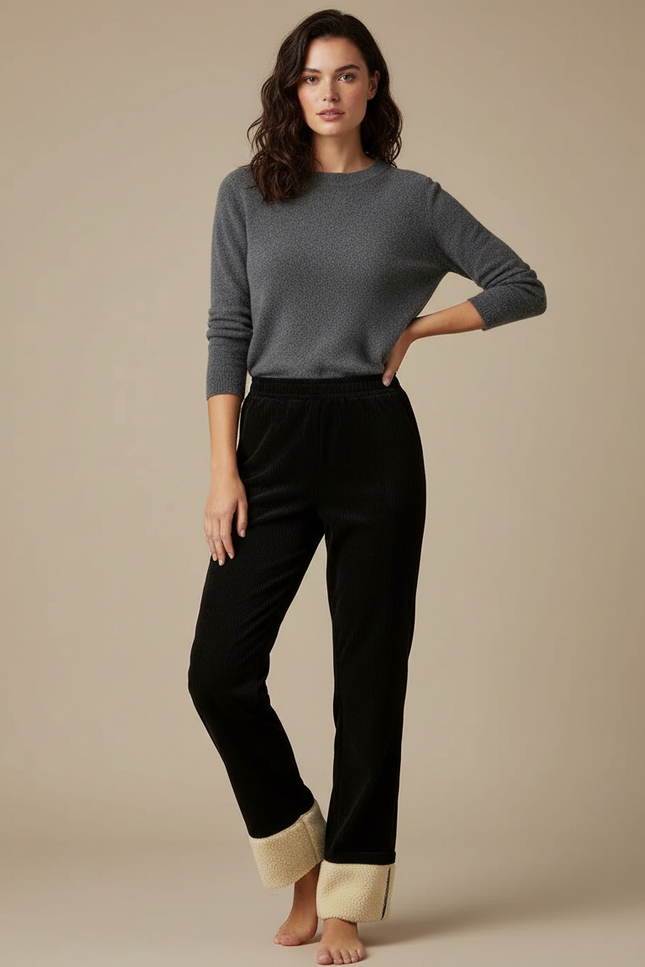 Pantalon Velours Noir Côtelé Doublé Moelleux Femme - Cordé